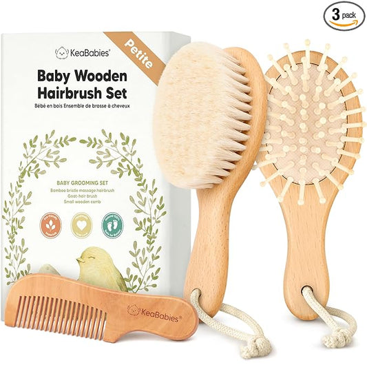 Baby Hair Brush Set for Newborns - Soft Goat Bristle Wooden Baby Brush and Comb Set Newborn Grooming Kit for Cradle Cap, Durable & Gentle, Boy, Girl Infant Essentials Care Kit (Petite, Walnut)