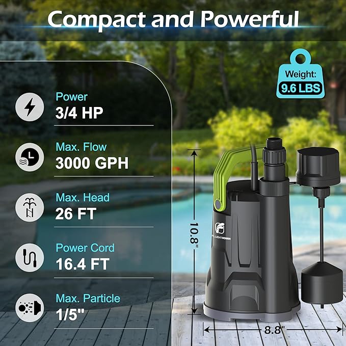 Sump Pump, 3/4HP 3000GPH Submersible Water Pump, Utility Pump with Vertical Float Switch for Swimming Pool Garden Pond Basement Draining, with 16.4Ft Cord, Adapters, Check Valve and Rop