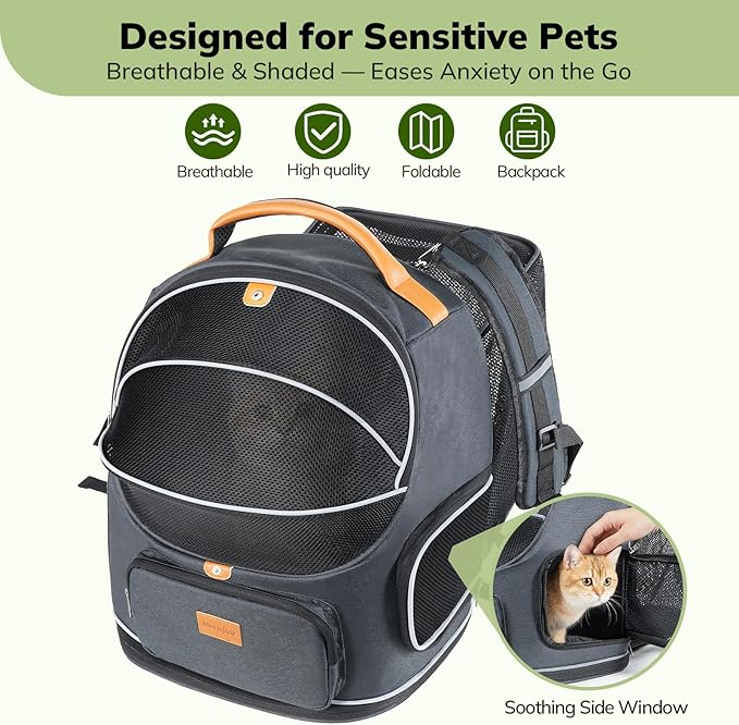 Morpilot Expandable Cat Carrier Backpack for Small Dogs & Cats Up to 25lbs, Breathable Mesh Pet Travel Backpack with Safety Leash, Foldable Airline Approved Carrier for Hiking Camping Outdoor, Grey