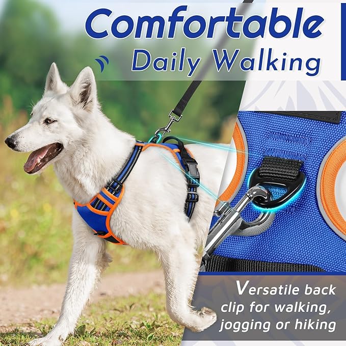 Eagloo Dog Harness for Large Dogs, No Pull Service Vest with Reflective Strips and Control Handle, Adjustable and Comfortable for Walking, No Choke Harness with 2 Metal Rings, Blue & Orange, M