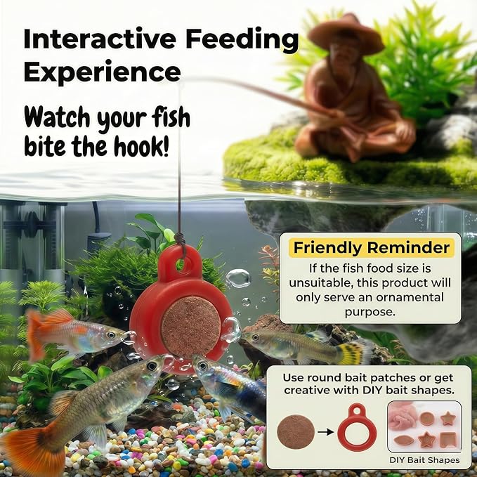 Floating Aquarium Decor, 3D Old Man with Fish Feeding Hook | Safe ABS Floating Fish Tank Decoration with Interactive Feeding Hook for Betta, Guppy, Shrimp and Other Small Aquarium Fish