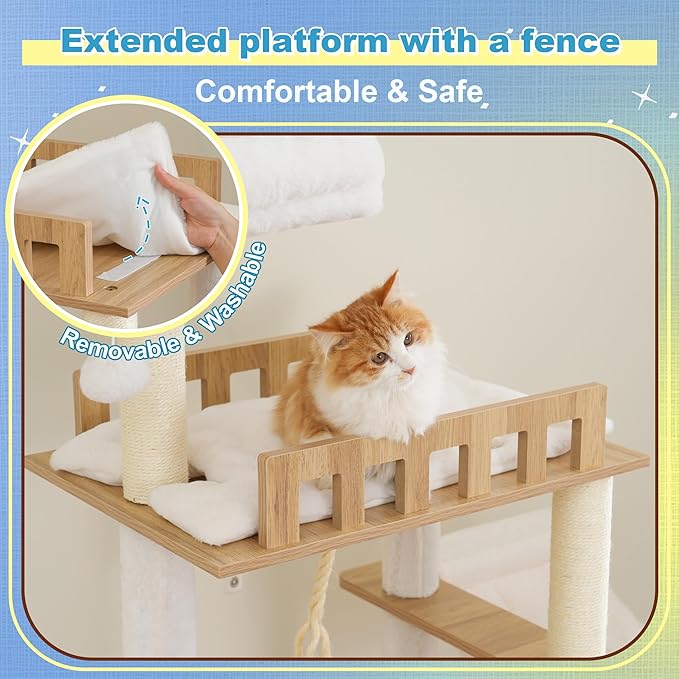 Hey-brother Wooden Cat Tree, 69.7 inch Cats Furniture Tower with Large Platforms, Hammocks, Spacious Condo, Full Sisal Scratching Posts, Ladder, Brush, Water Proof Surface, White Oak MPJ121BT