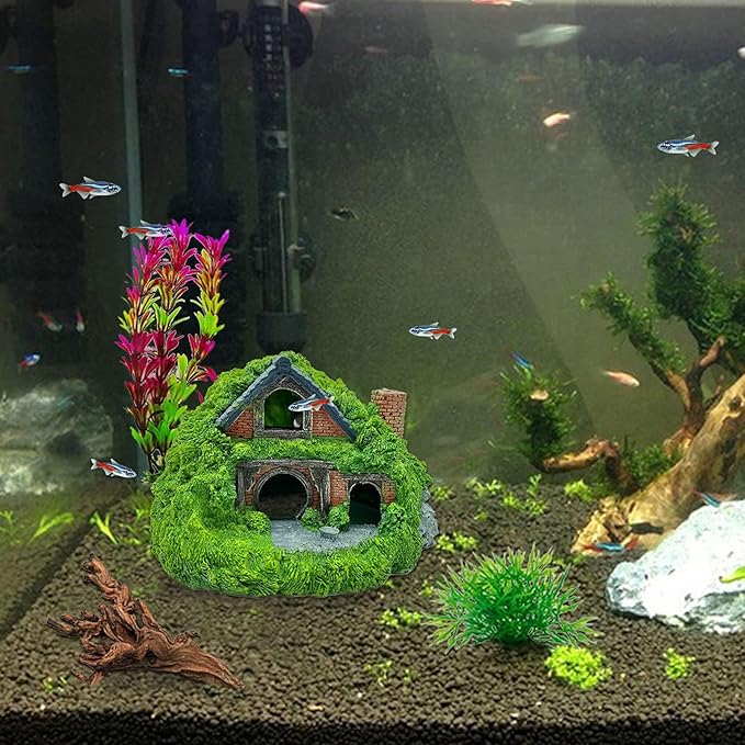 Tfwadmx Fish Tank Hobbit Decorations,Resin Small Fish Cave Hideout House,Aquarium Decor Hide Hole Shelter Hut Ornaments Mini Garden Decorating Accessories