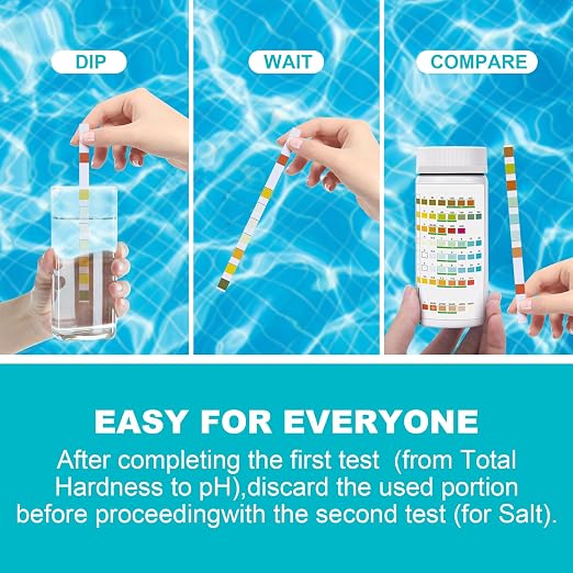 Salt-Water Pool Test Strips Kit: 150 Counts 8-in-1 for Salt Water Pool Testing Kit, Salt Pool Test Strips for Hot Tub Spa Testing Salt Chlorine pH and More