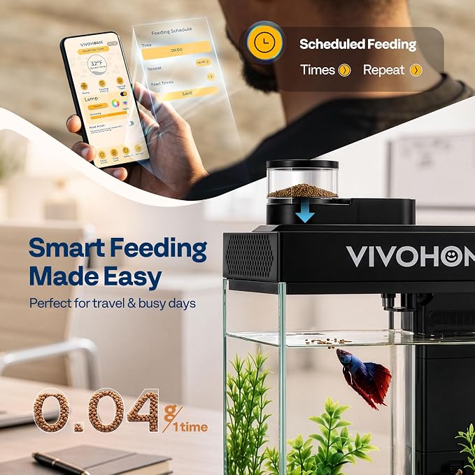 VIVOHOME 2 Gallon Smart Fish Tank with APP Control and Auto Feeder | Aquarium Starter Kit with Filter and Pump, Temperature Display, RGB LED Light, Desktop Nano Aquascape Tank for Shrimp, Betta