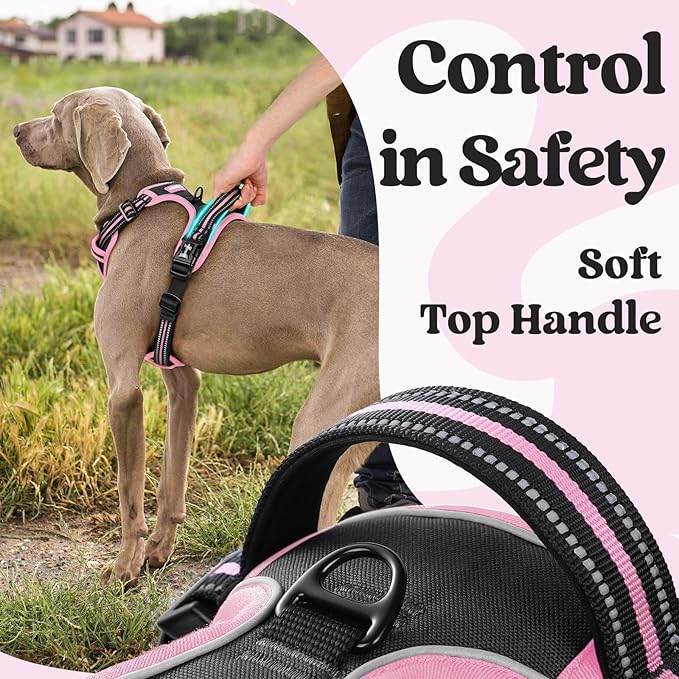 rabbitgoo Dog Harness for Large, No Pull Pet Harness with 3 Buckles, Adjustable Soft Padded Vest with Control Handle, Walking Reflective Pet Vest for Extra Large Dogs, Black & Pink, XL