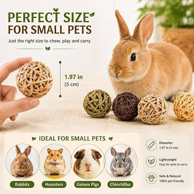 Skylety 15 Pieces Bunny Chew Balls for Rabbits, Small Animal Rolling Grass Toys and Treats for Guinea Pigs, Chinchillas, Hamsters, Mice, Teeth Grinding, Gnawing and Play(Classic Style,1.97")