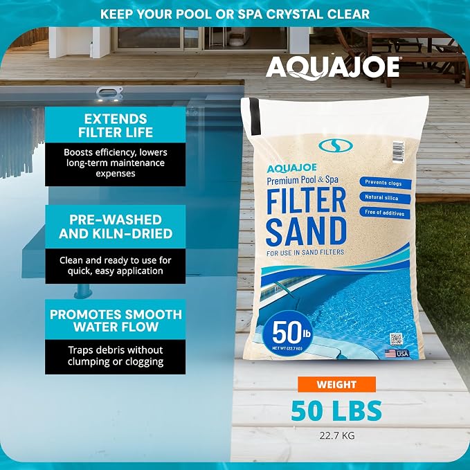 Aqua Joe Premium Pool & Spa Filter Sand, 50 Lb Bag, FLTSAND50 | Natural Silica, Above Ground & Inground Swimming Pool System Accessory - Care, Cleaning & Maintenance