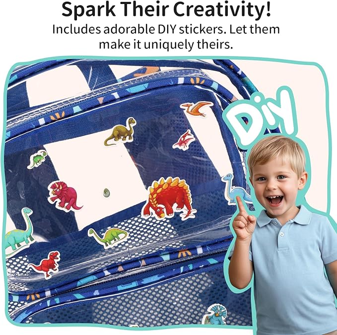 Clear Backpack for Boys, 15 Inch Heavy Duty Transparent Bookbag for Kindergarten to 2nd Grade, PVC See Through Daypack with Reflective Straps, Fits Standard Folders, Blue Dinosaur
