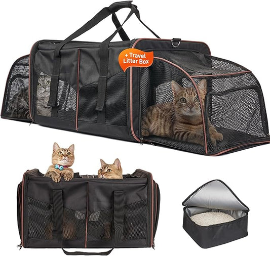 Large Cat Carrier for 2 Cats with 2 Litter Boxes, A.FATI Expandable Foldable Double Pet Carrier with Removable Divider, Breathable Mesh Oxford Cat Travel Crate for Car/Camping/Vet, Black