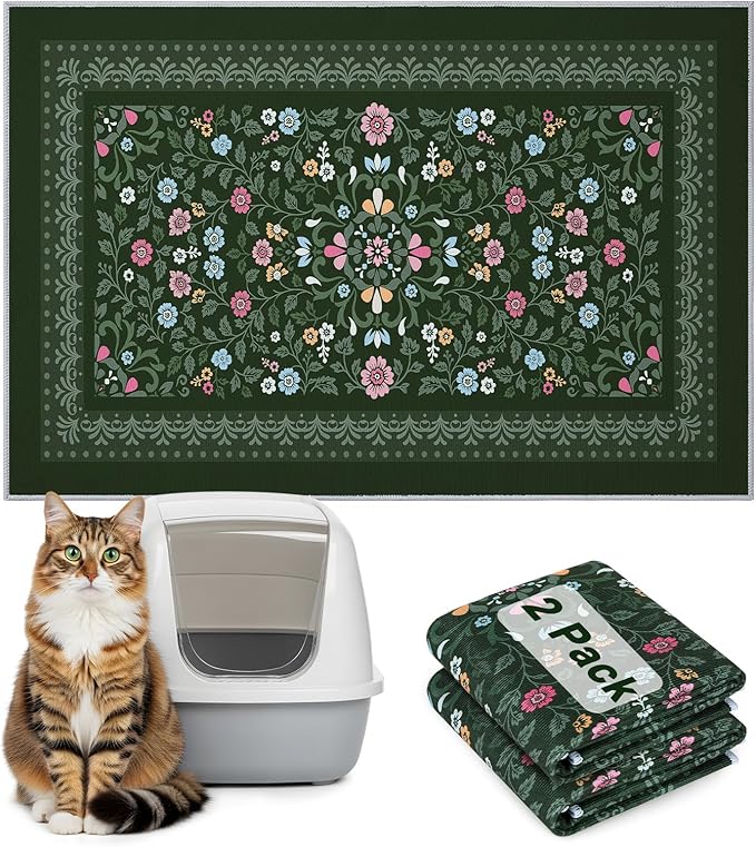 Bienbee Cat Litter Mat, 2PCS 28"x20" Machine Washable Litters Box Mats Non-Slip &Waterproof Cat Litters Trapping Mats Easy to Clean Mat for Litter Box Less Waste Protects Floors Dark Green M