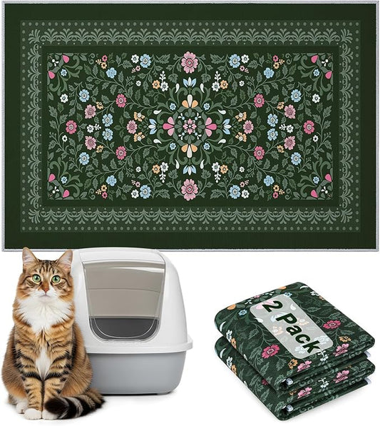 Bienbee Cat Litter Mat, 2PCS 28"x20" Machine Washable Litters Box Mats Non-Slip &Waterproof Cat Litters Trapping Mats Easy to Clean Mat for Litter Box Less Waste Protects Floors Dark Green M