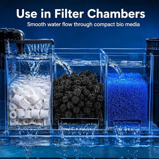 RAINFLOW 100 Pcs Aquarium Bio Balls - Black Sump Filter Media with Sponge | Biological Filtration Balls for Koi Pond Fish Tank Canister Air Pump, Pond Media for Outdoor Waterfall Filters with Mesh Bag