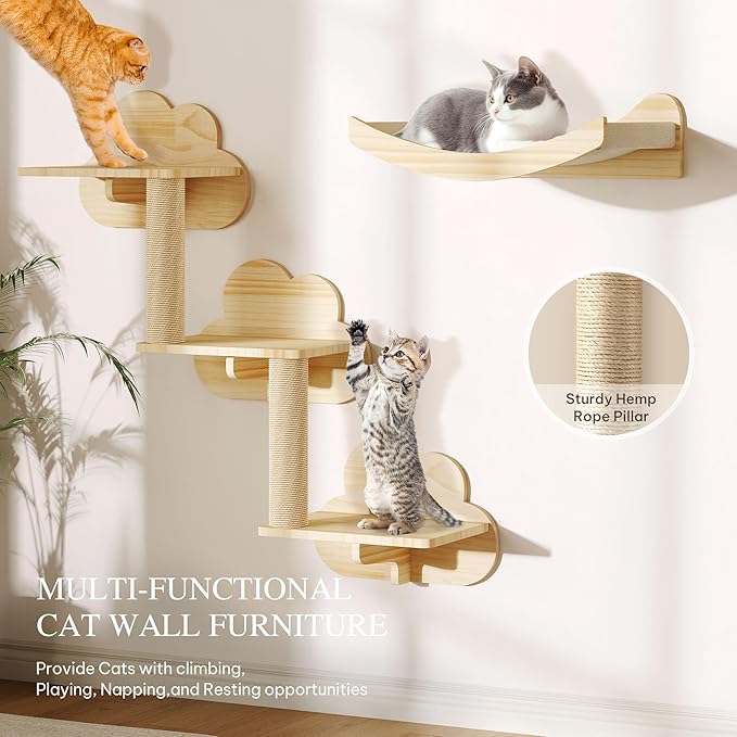 Cat Wall Shelves with Tunnel, 12-in-1 Solid Wood Wall Mounted Cat Furniture with Scratching Post, Cave & Steps, Multi-Level Cat Climbing Wall Systems, Space Saving, Floating Cat Shelves