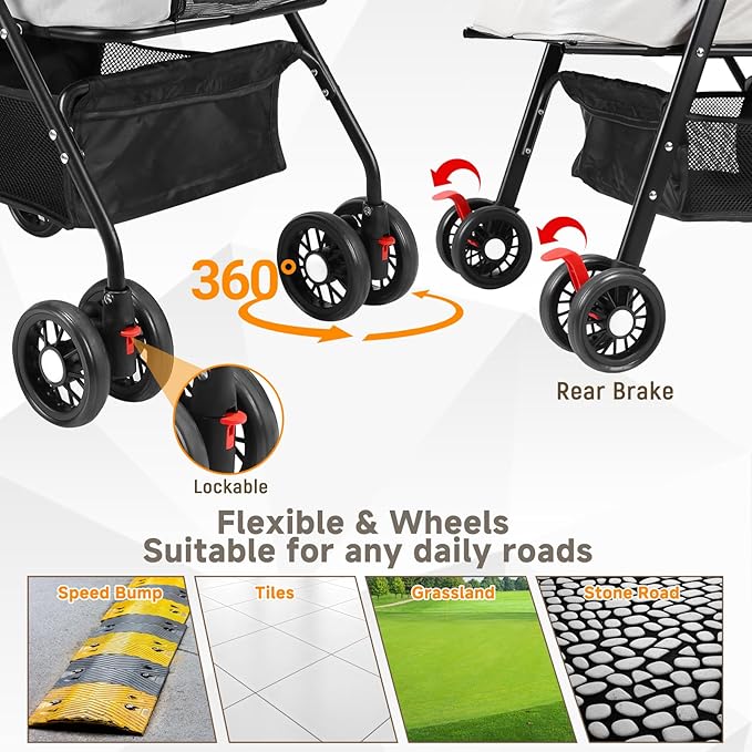 Pet Stroller for Small Dogs and Cats with 4 Wheels, 3 in 1 Foldable Dog Stroller with Detachable Carrier, Breathable Mesh, Storage Basket & Cup Holder, Up to 33 lbs