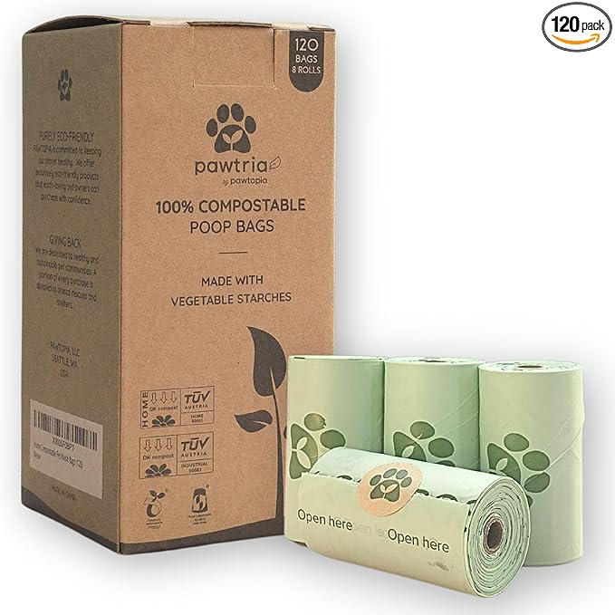 Pawtria Certified Home Compostable Dog Poop Bags (120), Poop Bags for Dogs, Cat Litter, Vegetable Starches, Dog Waste Bags, Leakproof, Easy to Open, Give Back