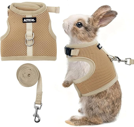 AIITLE Lightweight Escape Bunny Harness and Leash Set - Air Mesh Vest with Double D-Rings, Adjustable & Magic Tape Design, for Ferret/Cat/Puppy Training and Hiking Adventures, Khaki L