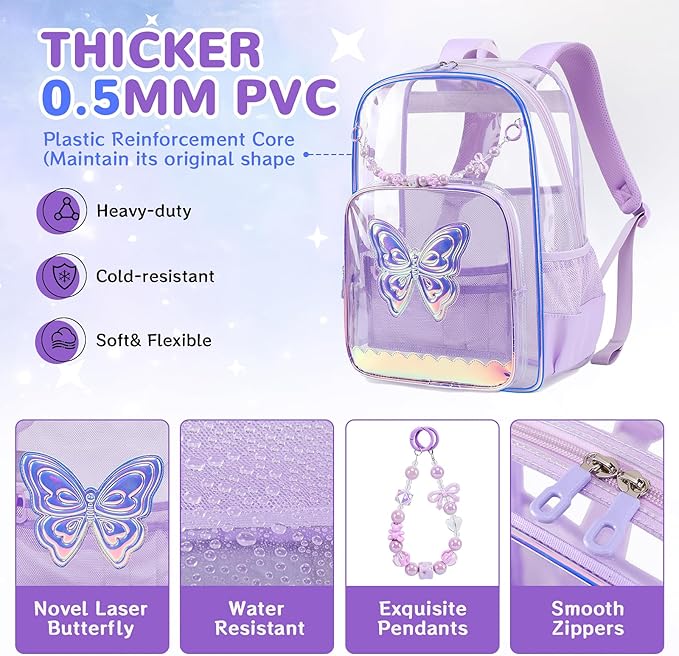 MUSEVOS Clear Backpack, Clear Bookbag for School PVC Heavy Duty Transparent Backpack for Girls, Purple Butterfly