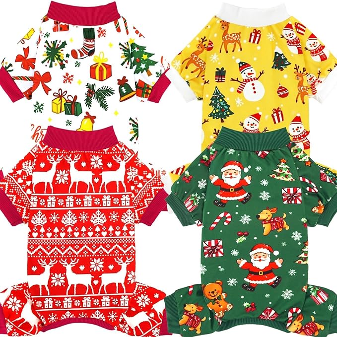 Xpudac 4 Pack Christmas Dog Pajamas Santa Pet Clothes Cute Reindeer Dog Pajamas for Small Medium Dogs(Medium) M