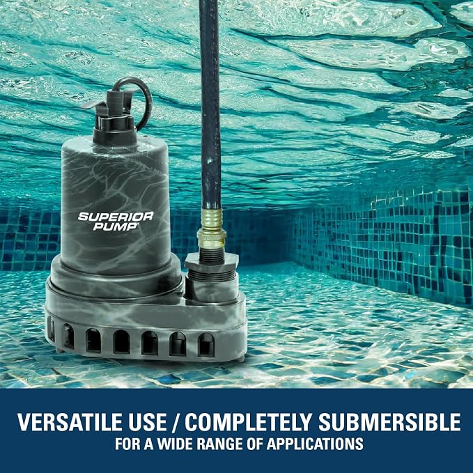 Superior Pump 91570 3300GPH Thermoplastic Submersible Utility Pump with 10-Foot Cord, 1/2 HP