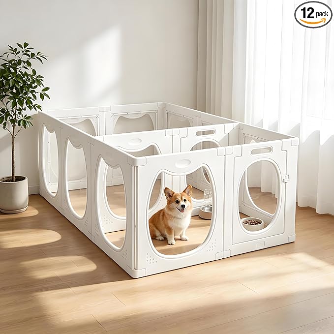 Deluxe Clear Acrylic Dog Playpen with Dual Doors, 10+2 Panel Puppy Playpen with Room Partition, 23.6" Transparent Pet Fence, Expandable, Easy Assemble, Non-Slip, for Multiple Pets/Small-Medium Dogs