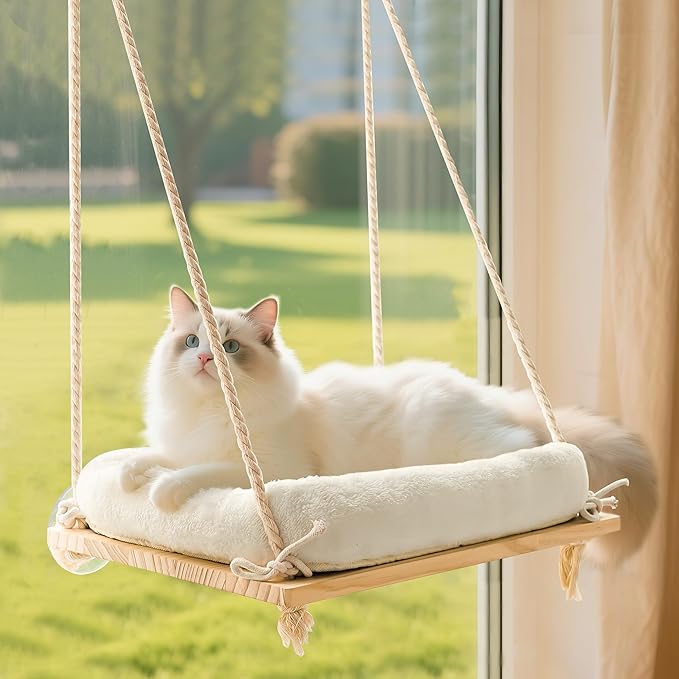 Cat Window Perch, Cat Hammock Bed with Solid Wood Seat 4 Heavy Duty Suction Cups, Plush Cushion, Indoor Pet Window Hammock for Cats for Large Cats