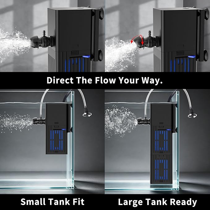 Aquarium Filter Water Flow Adjustable for 20-40 Gallon Fish Turtle Tank 132GPH 4in1 Biochemical Filtration Powerful Submersible Internal Pumps & Filters Keep Freshwater Saltwater Crystal Clear Small