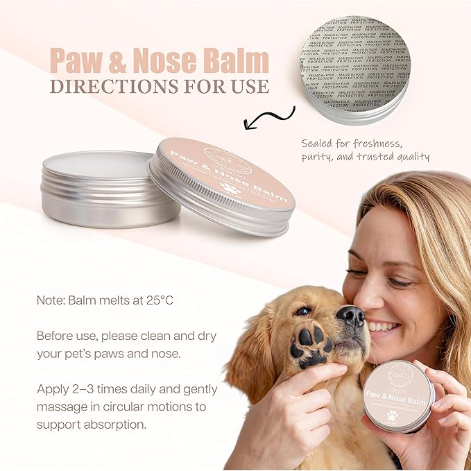 All in One Natural Vegan Dog Paw and Nose Balm, Winter and Summer Paw Protection from Snow, Ice, Salt and Hot Pavement, Moisturizes and Repairs Dry, Cracked Paws, Lick Safe, 2.0 oz,