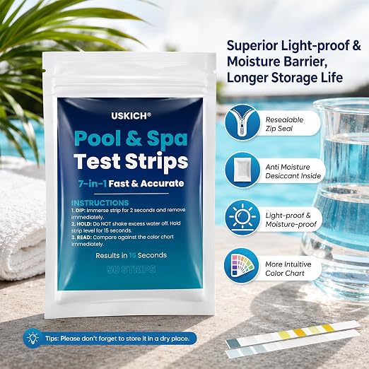 8-Way Hot Tub & Pool Test Strips, 150-Count 7-in-1 Pool Test Strips + 15-Count Phosphate Test Strips, Accurately Test pH, Chlorine, Bromine, Hardness, Total Alkalinity, Cyanuric Acid, Phosphate etc