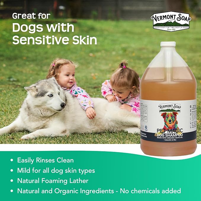 Vermont Soap Organics Pet Shampoo - Organic & Natural Olive Oil, Coconut & Aloe Vera Dog Shampoo for Sensitive Skin - USDA Certified Grooming Pet Shampoo - Original Citrus (128oz)