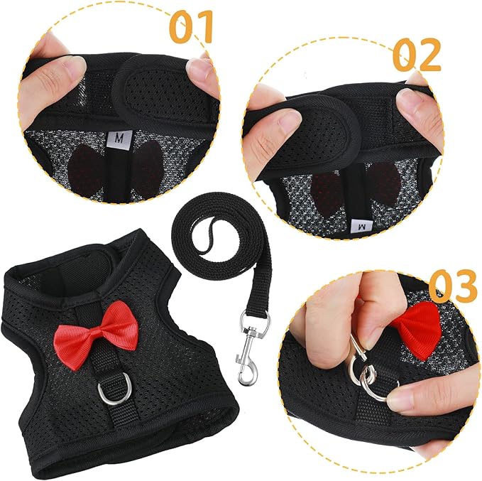 Bunny Harness and Leash Set, Soft Breathable Mesh Rabbit Leash Vest with Safety Buckles, Lightweight Escape-Proof Walking Gear for Rabbits, Kittens, Ferrets, Guinea Pigs, Black M