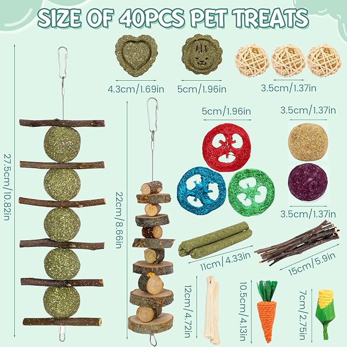 Rabbit Toys Bunny Chew Toys for Teeth, Treats for Chinchilla Rat Squirrel with Natural Apple Wood & Timothy Hay Sticks, Guinea Pig Enrichment Toys Hamster Cage Accessories for Small Pets Indoor
