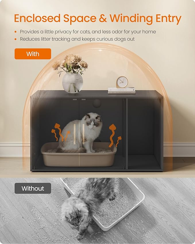 Feandrea Cat Litter Box Enclosure, Modern Hidden Litter Box Furniture, Front Entry, Double Doors, Indoor Pet House, Living Room Side End Table, 31.5 x 19.7 x 17.7 Inches, Ink Black UPCL020BC01S