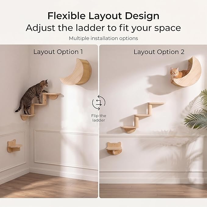 Cat Shelf for Wall Mount Hammock with 3-Levels Climbing Ladder and Shelves Moon Cats Wall Furniture for Activity Indoor Kitty (3-Levels Steps)