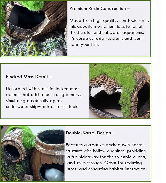 Moss-Covered Twin Broken Barrels Aquarium Decor – Resin Fish Tank Hideout with Artificial Moss for Betta, Shrimp & Small Fish