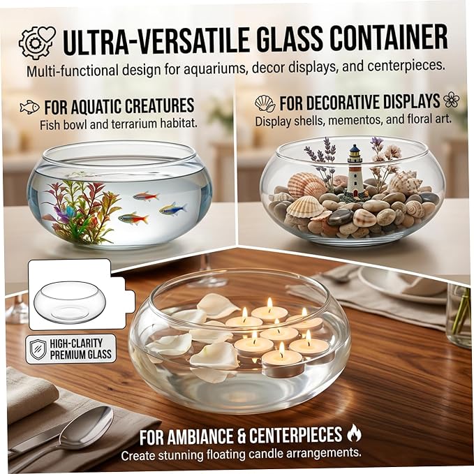 Lotus Bowl Planter - Clear Glass Hydroponic Planter for Plants and Fish, 15cm/5.9" Desktop Ecosystem Vase for Water Lilies, Succulents, and Aquatic Decor..