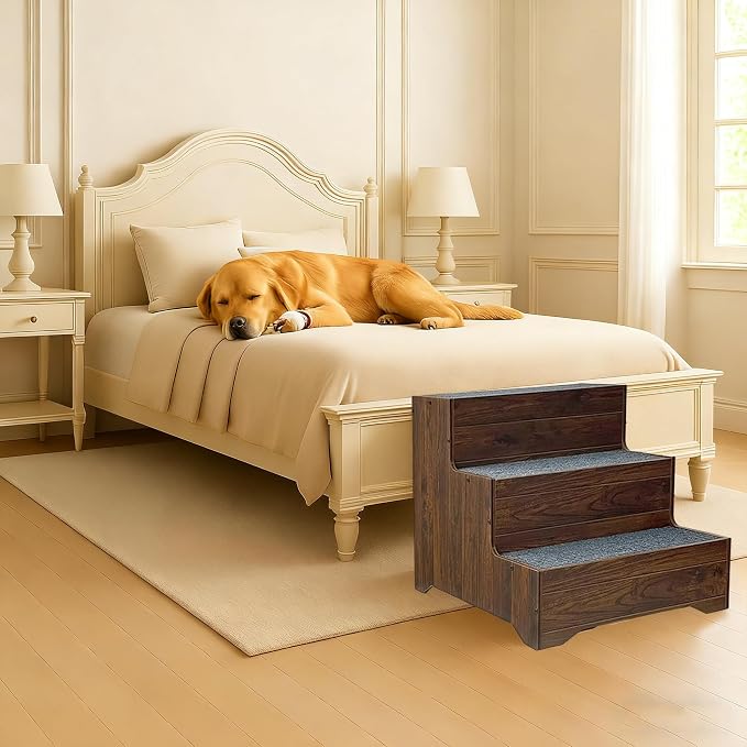 Furniture Dog Stairs for Large Dogs, Wooden Wide Pet Steps, Non-Slip 3-Step Stable Dog Ladder for High Bed,Couch,Sofa – Upgraded Solid Stair for Senior, Injured, Recovering, Short-Legged Pets,Walnut