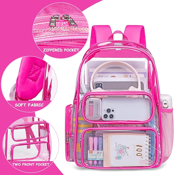 CAMTOP Clear Backpack Heavy Duty Transparent Bag See Through BookBag for Student School Work Festival Sport Travel (Hot Pink)
