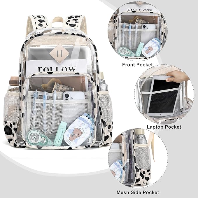 Clear Backpack for Girls Women School Bookbag Heavy Duty Transparent Backpacks (Corduroy Cow Print Black)
