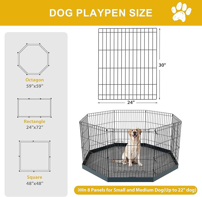 Foldable Dog Playpen, 24x30in 8 Panels Metal Pet Exercise Fence with Botton Pad, Dog Play Pen for Indoor Outdoor, Heavy-Duty Pet Fence Puppy Crate Kennel with Door for Small Medium Pets