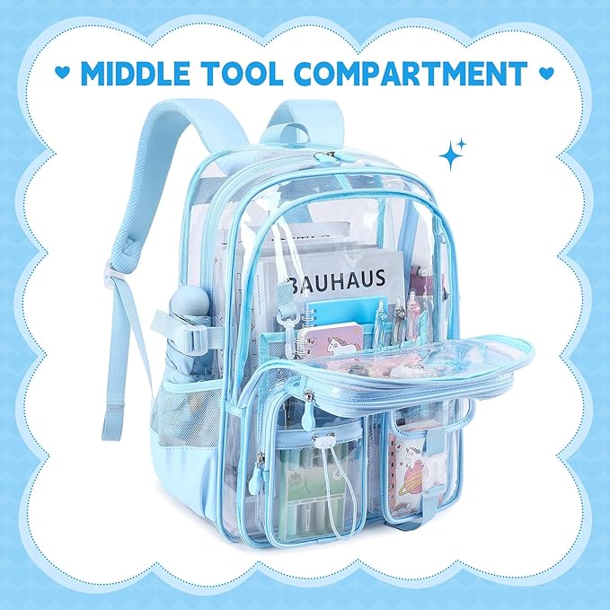Clear Backpacks for Stadium Events Heavy Duty Clear Bookbag for School Girls Transparent Back Pack, Blue
