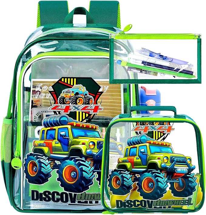Clear Backpack for Girls and Boys, Kids Transparent Bookbag, 3PCS Cute See Through School Bag for Elementary Prechool