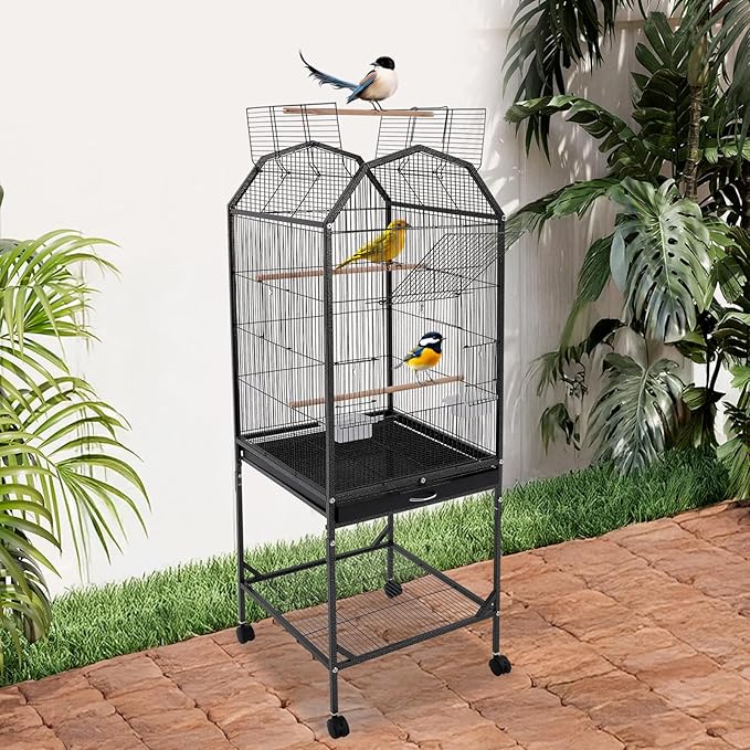 53.5 Inch Iron Bird Cage, Large Parakeet Cages with Play Open Top and Rolling Stand, Bird House with Detachable Stand and Pull-Out Tray for Cockatiels, Parrots, Lovebirds, Canaries (Black, Style B)