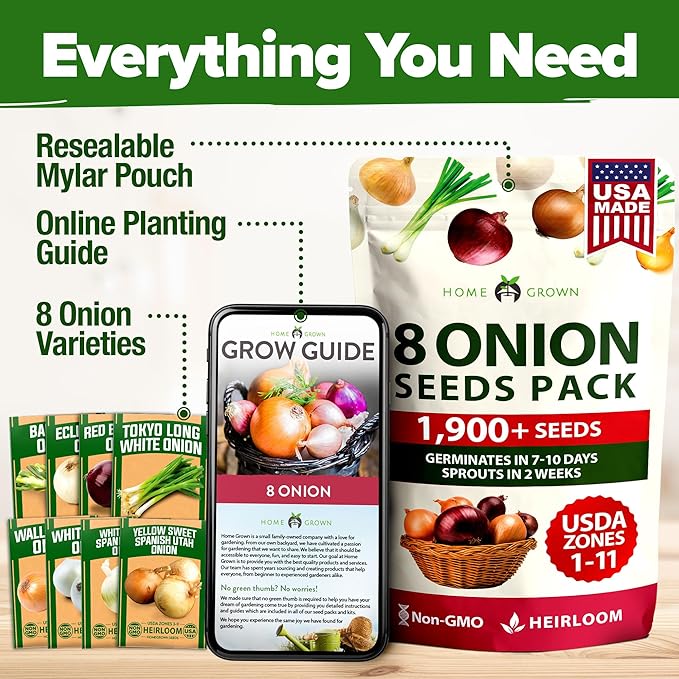 HOME GROWN 8 Onion Variety Mix 1600+ Heirloom Non-GMO Seeds for Planting, High Germination, Red, Yellow, White, Sweet Vidalia & Spanish Bulb Onions, Green Scallions,Indoor Outdoor Garden (Allium cepa)