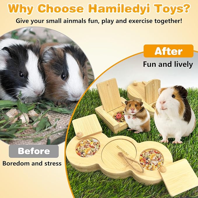 Hamiledyi 3 Pack Guinea Pig Foraging Toys Interactive Wooden Rabbit Enrichment Toys Hamster Hide Treats Snuffle Puzzle Game for Chinchilla Bunny Rat Gerbil