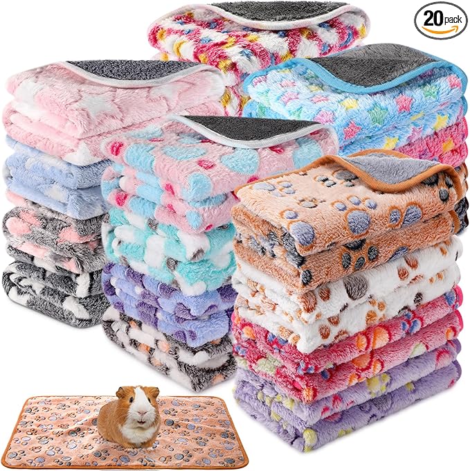 Newwiee 20 Pcs Waterproof Small Pet Fleece Blanket Bulk Washable Small Animal Cage Bedding Guinea Pig Puppy Dog Cat Pee Pad Liner Accessories(Assorted,12 x 12 Inch)