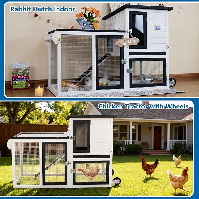 Rabbit Hutch Indoor Outdoor Bunny Cage, Weather Resistant Openable Roof, Slide Out Tray, Handle & Rolling Wheels, Chicken Coop, 48.05" L x 26.02" W x 34.3" H, White