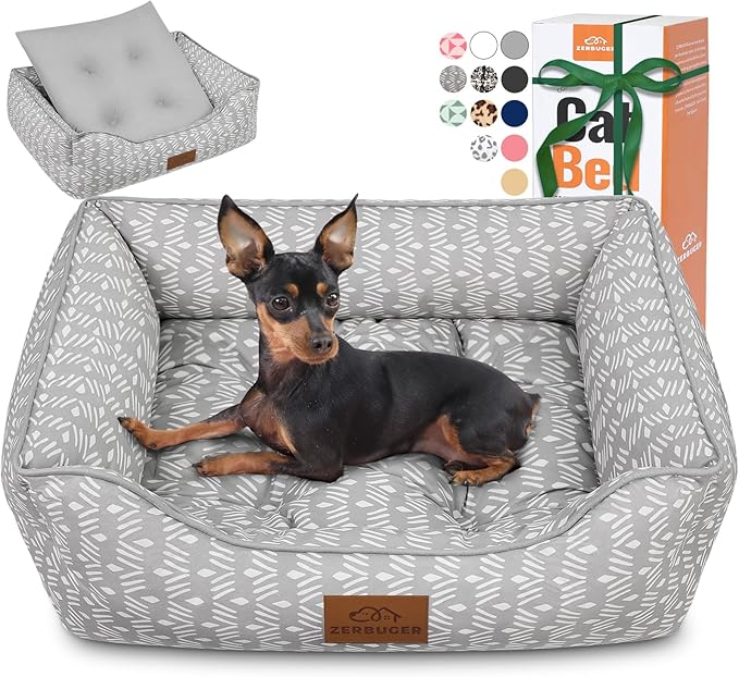 Zerbuger Rectangle Cat Dog Bed for Large Medium Small Pets Indoor Outdoor Machine Washable Sleeping Sofa Non-Slip Bottom Soft Puppy Bed Durable Orthopedic Calming Pet Cuddler (Medium, Grey Pattern)