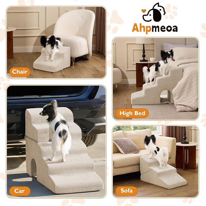 Dog Stairs for Small Dogs 16’’ H, 3-Step Dog Steps for Bed, Foldable Pet Stairs and Ramp for Dogs and Cats to Get on Beds, Couch, Non-Slip Balanced Pet Steps with Waterproof Cover, Beige