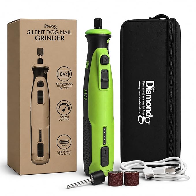 Diamondg Cordless Dog Nail Grinder with Quiet Sound & LED Tip for Large & Small Dogs, 4hrs. Runtime - Electric Dog Nail Trimmer, Heavy Duty Rotary Tool Alternative to Toenail Clippers & Filers